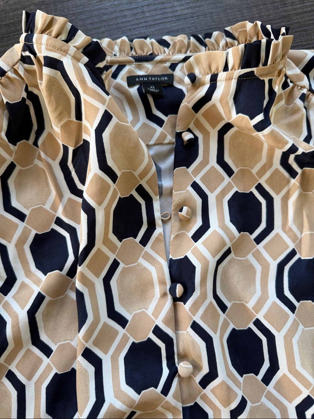 Ann Taylor Navy, Camel and Cream Geometric Ruffle-Neck Blouse